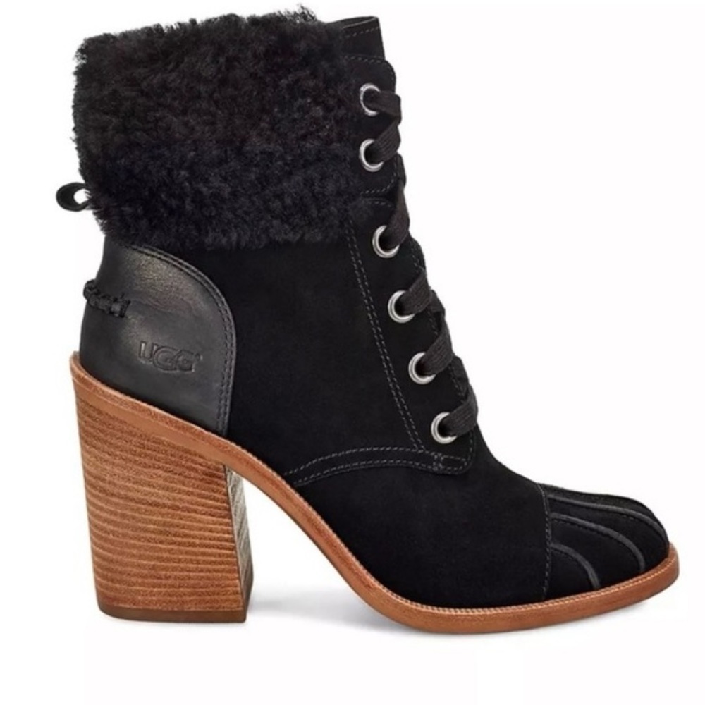 UGG Black Ankle Boots with Brown Heel
